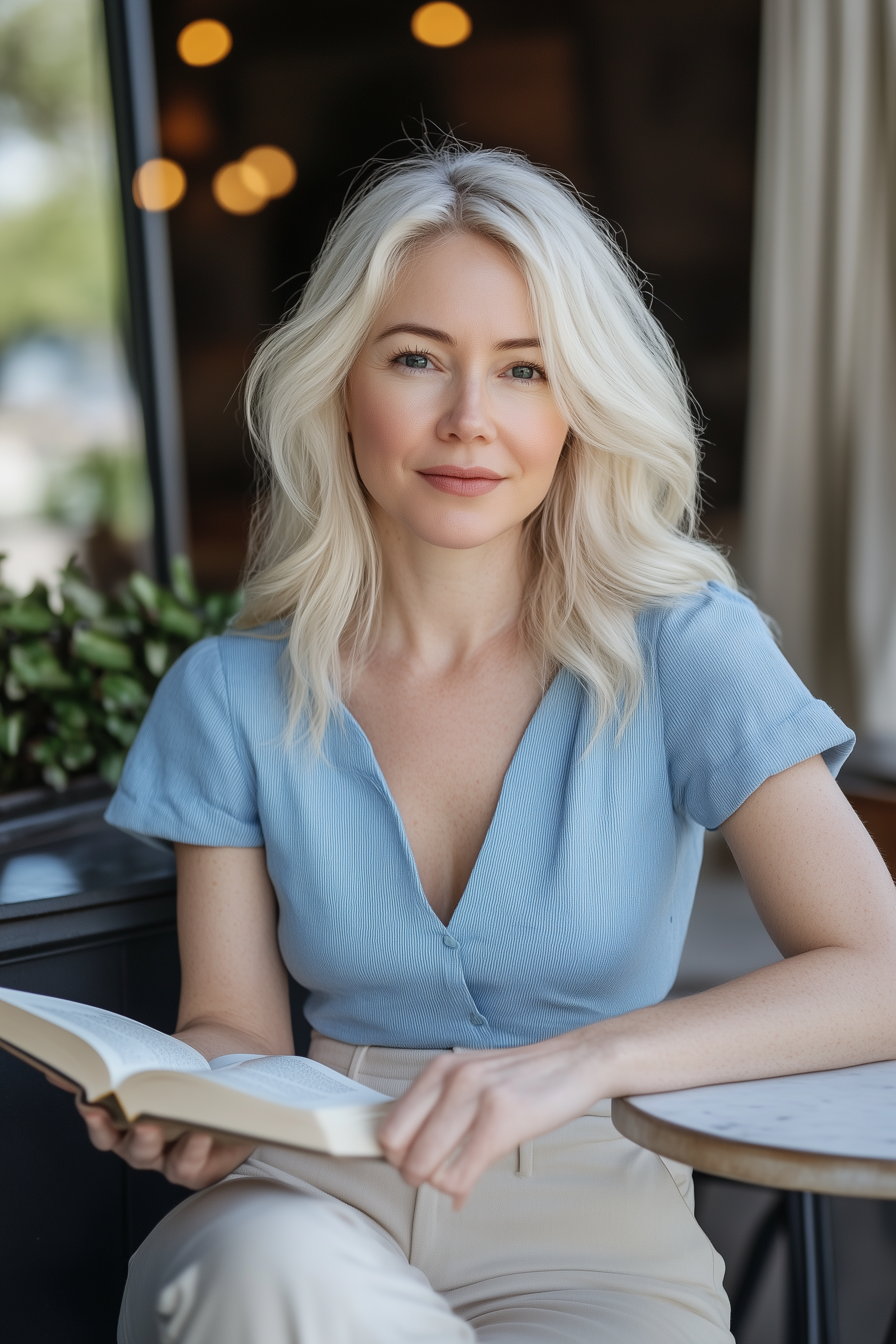 woman in blue shirt reading book